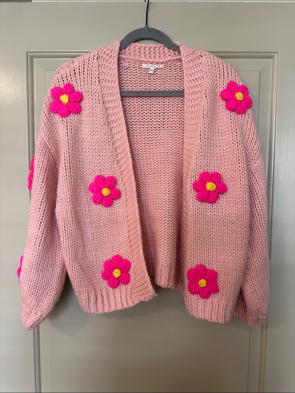Pink Floral Appliqué Open-Front Cardigan Sweater